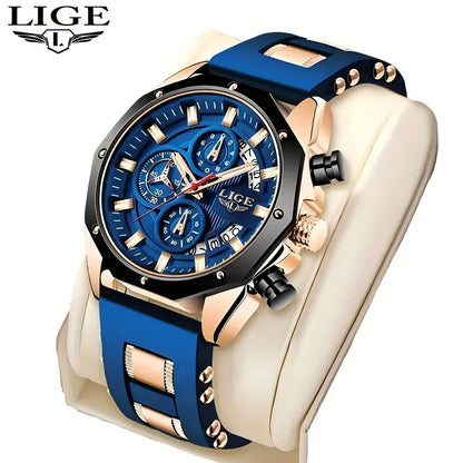 LIGE Men's Chronograph Calendar Wristwatch, Outdoor Casual Sports Quartz Watch, Ideal Choice For Gifts