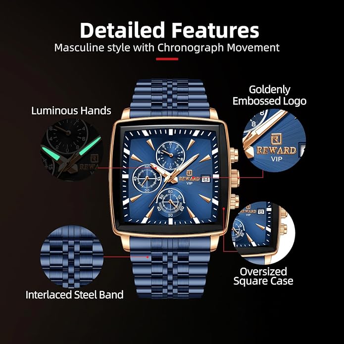 REWARD Rectangle Men'S Watches Quartz Wristwatches Luxury Business Watch Clock Luminous Hands Clock Man