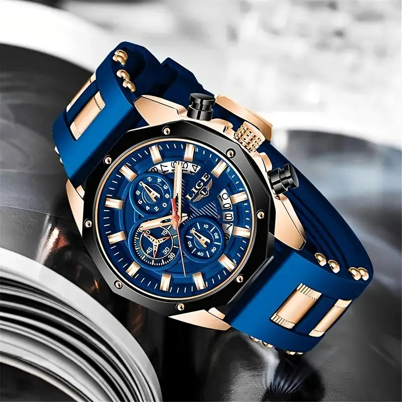 LIGE Men's Chronograph Calendar Wristwatch, Outdoor Casual Sports Quartz Watch, Ideal Choice For Gifts