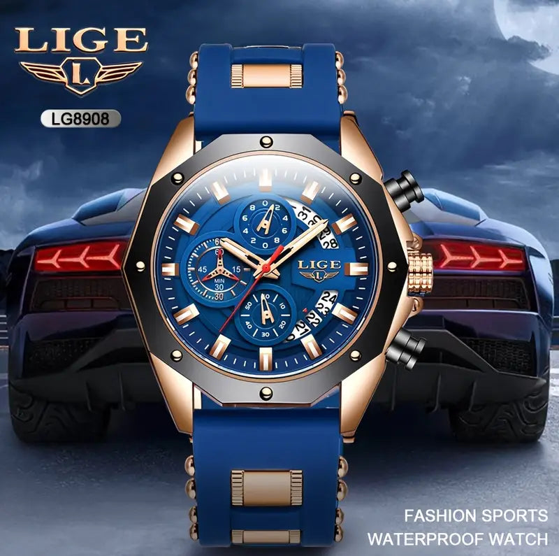 LIGE Men's Chronograph Calendar Wristwatch, Outdoor Casual Sports Quartz Watch, Ideal Choice For Gifts